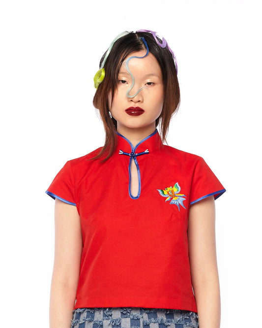 MANDARIN COLLAR CROP TOP WITH DIGITAL EMBROIDERY FISH PATCH - RED