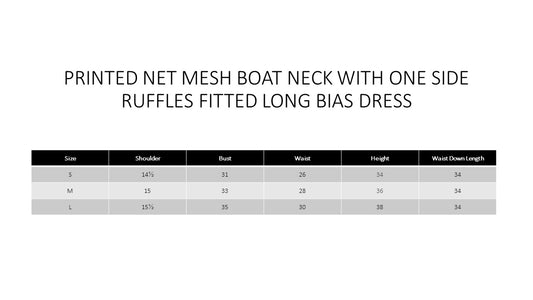 NET MESH BOAT NECK WITH ONE SIDE RUFFLES FITTED LONG BIAS DRESS - FUSCHIA