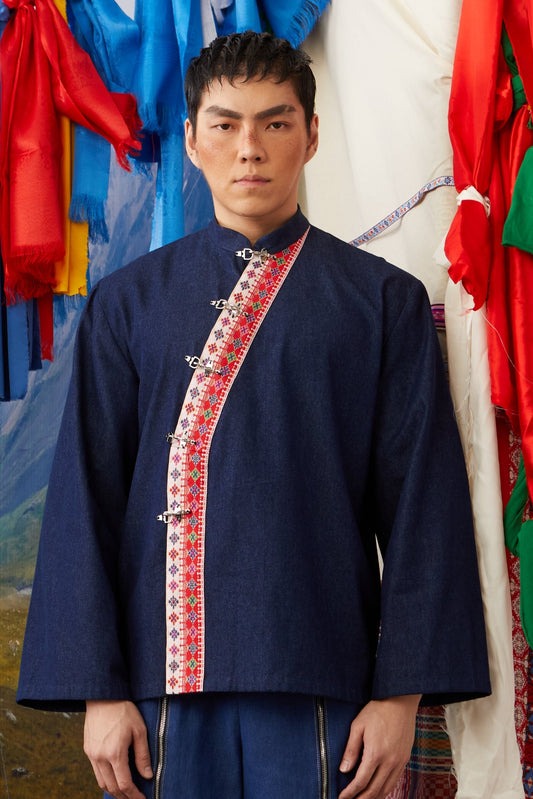 MANDARIN COLLAR JACKET WITH SLANTED OPENING - DARK DENIM