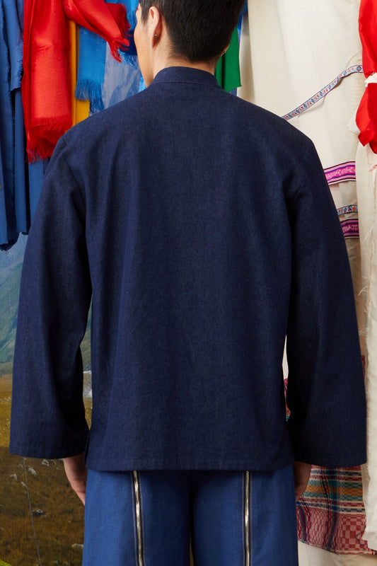 MANDARIN COLLAR JACKET WITH SLANTED OPENING - DARK DENIM