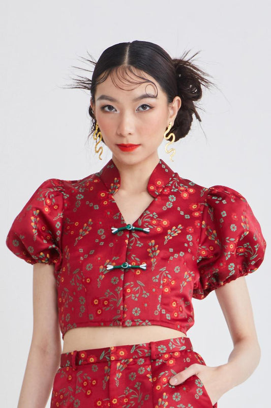 PUFFY SLEEVE CROP TOP - FLORAL - MAROON