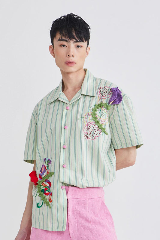 HAWAIIAN COLLAR SHIRT - STRIPED - LIGHT GREEN