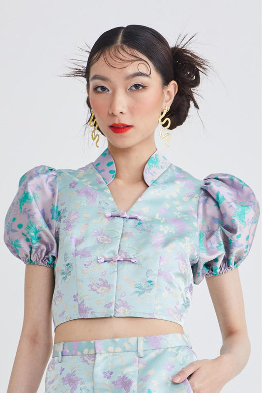 PUFFY SLEEVE CROP TOP - GOLDFISH - TEAL