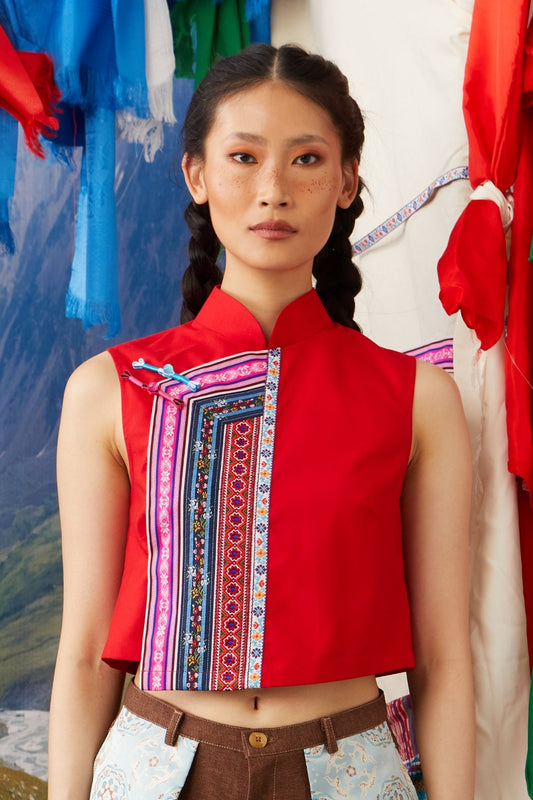 MANDARIN COLLAR VEST - RED