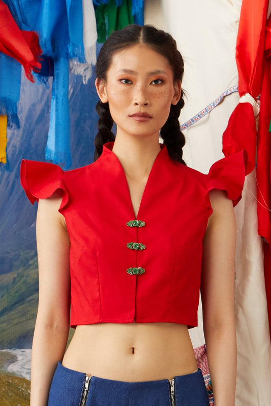 RISE NECKLINE CROP TOP - RED