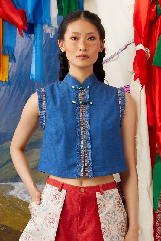 MANDARIN COLLAR VEST WITH TRIMMINGS - DARK DENIM