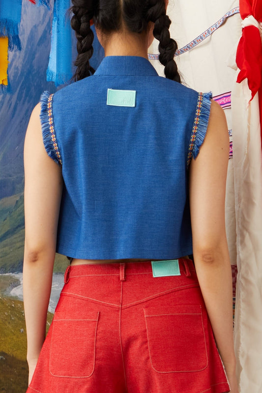 MANDARIN COLLAR VEST WITH TRIMMINGS - DARK DENIM