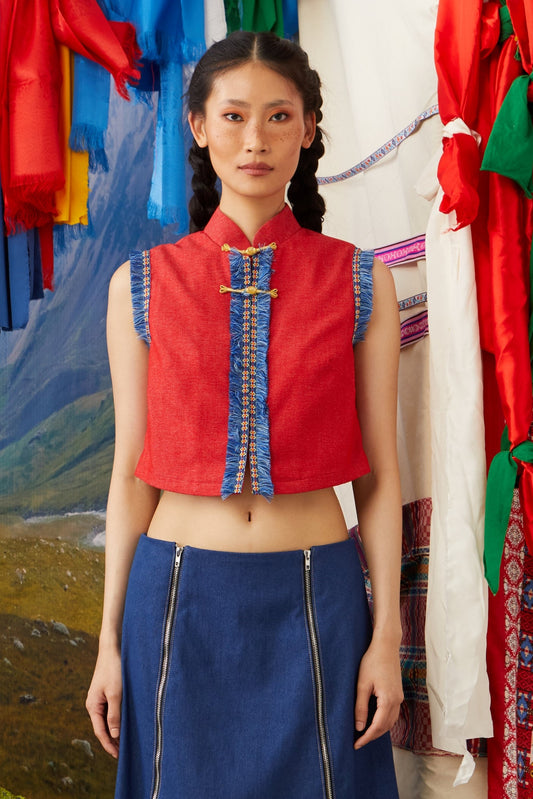 MANDARIN COLLAR VEST WITH TRIMMINGS - RED