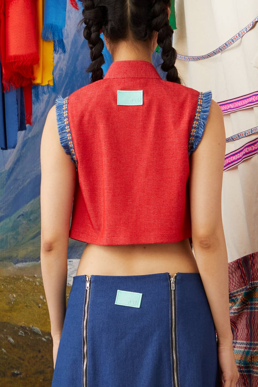 MANDARIN COLLAR VEST WITH TRIMMINGS - RED