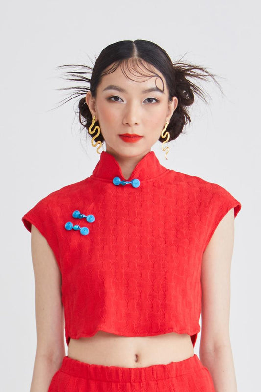 CROP CHEONGSAM TOP - RED KNIT - RED