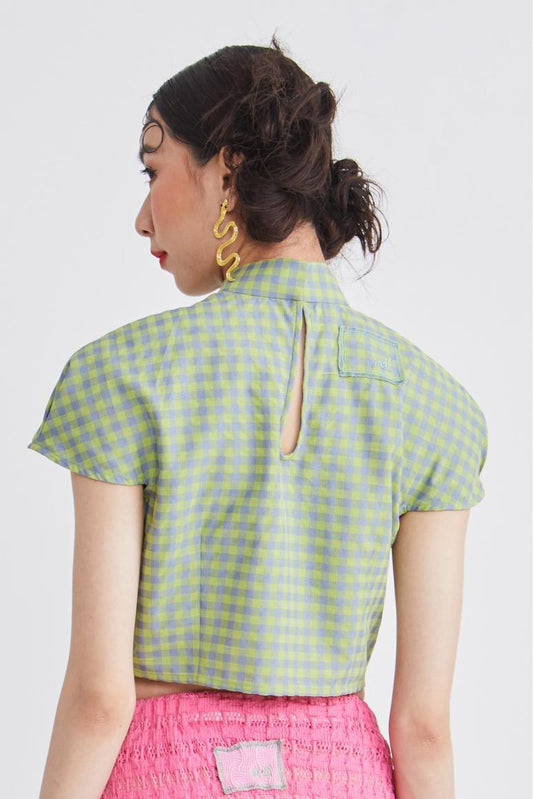 MANDARIN CROP TOP - GREEN CHECKERED - APPLE GREEN