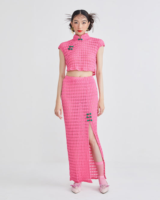 CROP CHEONGSAM TOP - PINK KNIT - FUCHSIA