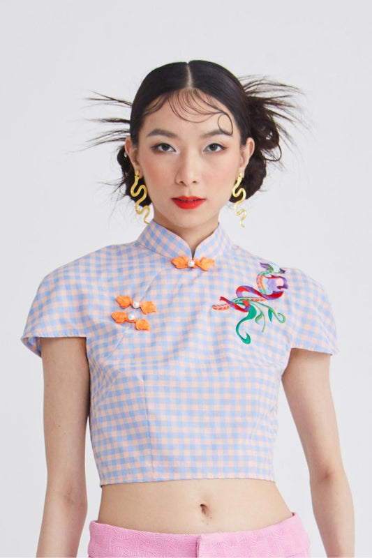 MANDARIN CROP TOP - PINK CHECKERED - SALMON