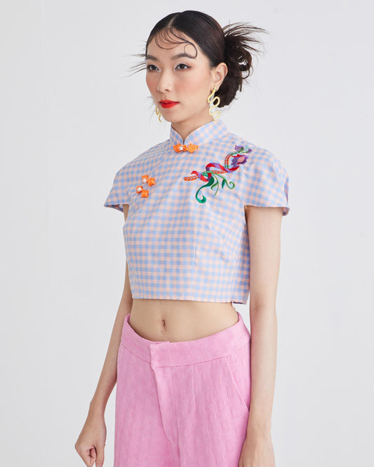 MANDARIN CROP TOP - PINK CHECKERED - SALMON