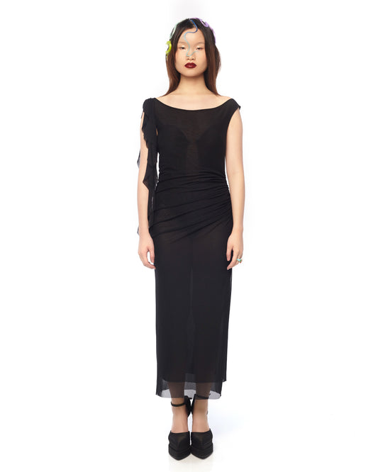 NET MESH BOAT NECK WITH ONE SIDE RUFFLES FITTED LONG BIAS DRESS - BLACK