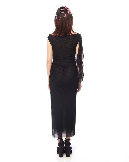 NET MESH BOAT NECK WITH ONE SIDE RUFFLES FITTED LONG BIAS DRESS - BLACK