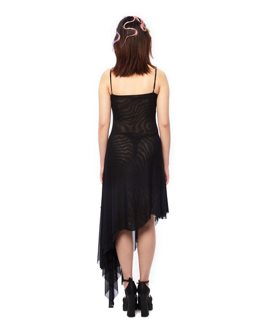 SPAGHETTI STRAP ASYMMETRICAL NET MESH LONG BIAS DRESS WITH DIAGONAL HEM - BLACK