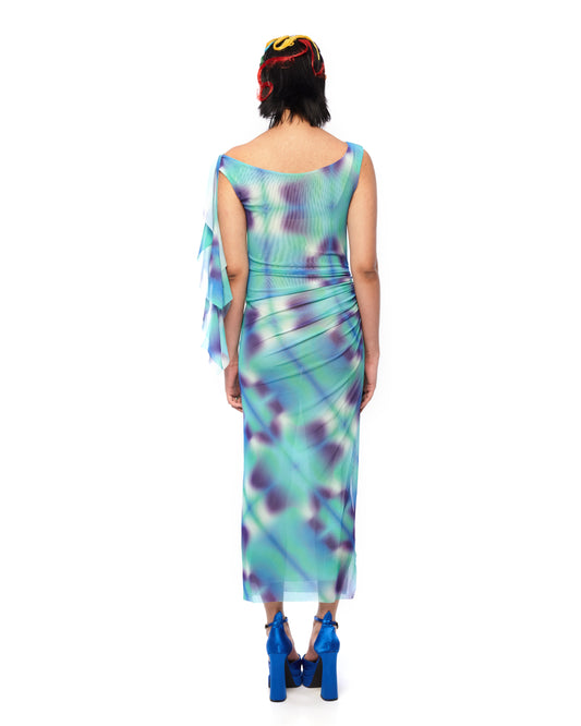 PRINTED NET MESH BOAT NECK WITH ONE SIDE RUFFLES FITTED LONG BIAS DRESS - MULTI