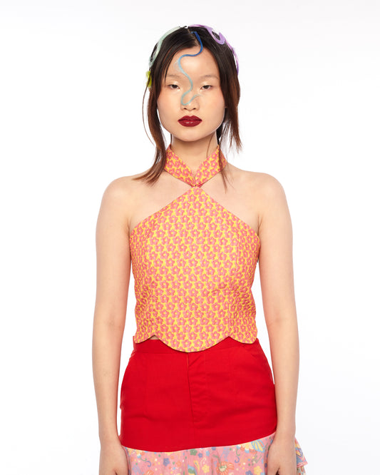 FLORAL JACQUARD SCALLOP HEM WITH DETACHABLE MANDARIN COLLAR FITTED TOP - PINK