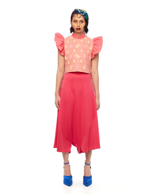 DIAMOND CHECKERED PRINT WITH RUFFLES ON SLEEVE CROP TOP - PINK