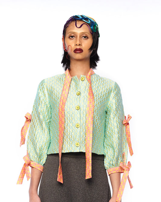RIBBON TIED ON NECK SEMI FITTED FLORAL JACQUARD BLOUSE - TEAL