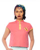 MANDARIN COLLAR CROP TOP WITH DIGITAL EMBROIDERY FISH PATCH - PINK
