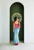 LIGHT DENIM SKIRT WITH LACE PATCH - TEAL