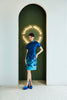 FITTED JACQUARD CHEONGSAM DRESS WITH SLIT - BLUE