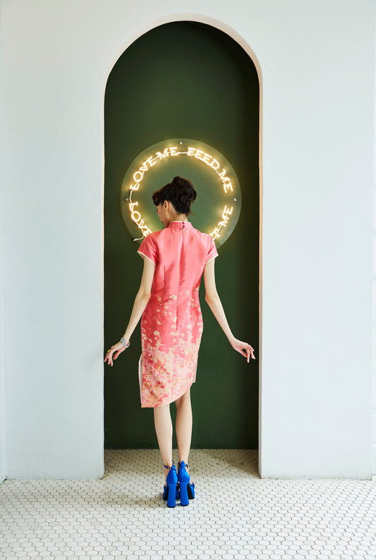 DIAGONAL HEM JACQUARD CHEONGSAM DRESS WITH SLIT - PINK
