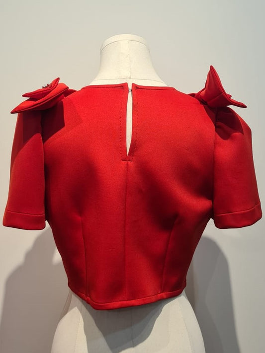 CROPPED TOP WITH RIBBONS ON SHOULDER - RED